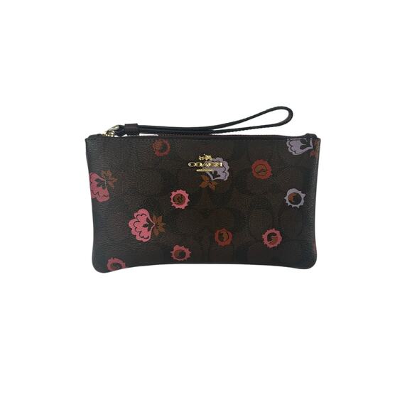 Coach Corner Zip Primrose Wristlet Small Brown Flower Logo Canvas Leather Wallet - Picture 2 of 10